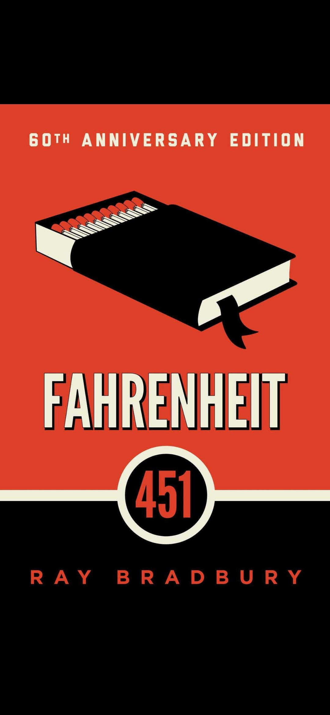 A black matchbook resembling a closed book is depicted above the title Fahrenheit 451 and the author's name Ray Bradbury.